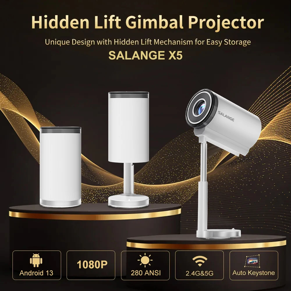 Salange X5 Mini Projector with Built-in Adjustable Stand Physical 720P Support 1080P Android Smart Beamer with Wifi Bluetooth