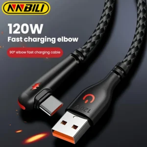 NNBILI 120W fast charging USB to Type-C cable, nylon braided, 90 ° elbow design with high power output suitable for Huawei oppo
