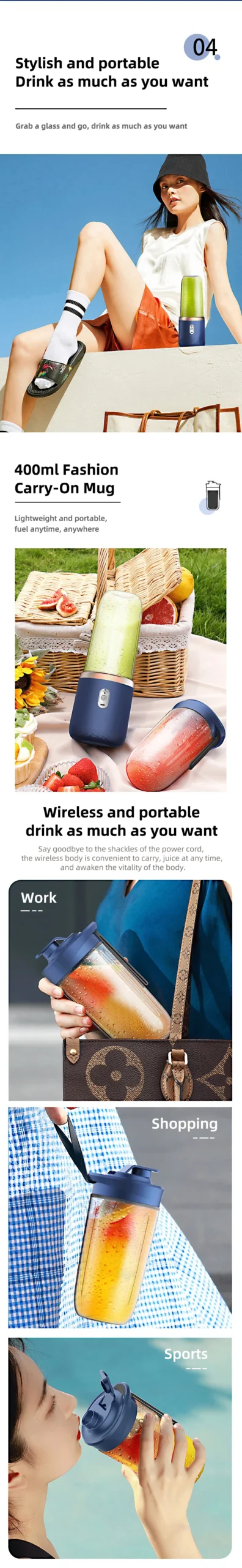 Portable Blender Bottle Electric 6 Blades Multifunction Juice Blender Fresh Juice Smoothie Blender Ice CrushCup Food Processor