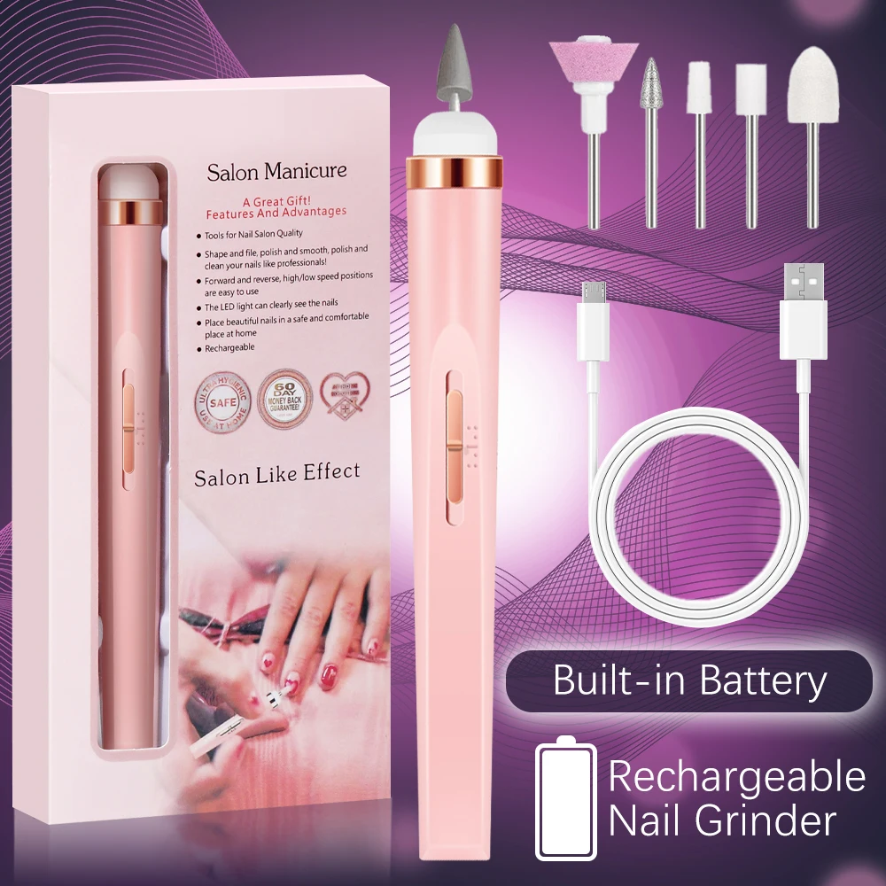 Electric Nail Polish Drill Set Machine With Light Multiple Gears Portable With Battery Electric Manicure Art Tools