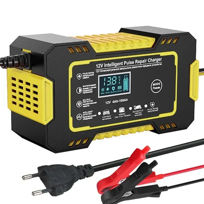 Car Battery Charger 12V Pulse Repair LCD Display Smart Fast Charge AGM Deep Cycle GEL Lead-Acid Charger For Auto Motorcycle