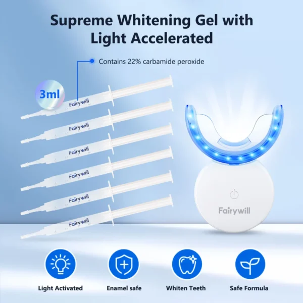 Fairywill Teeth Whitening Kit LED Light W/22% Teeth Whitening Light 6 Carbamide Peroxide Teeth Whitening Gel For Sensitive Teeth