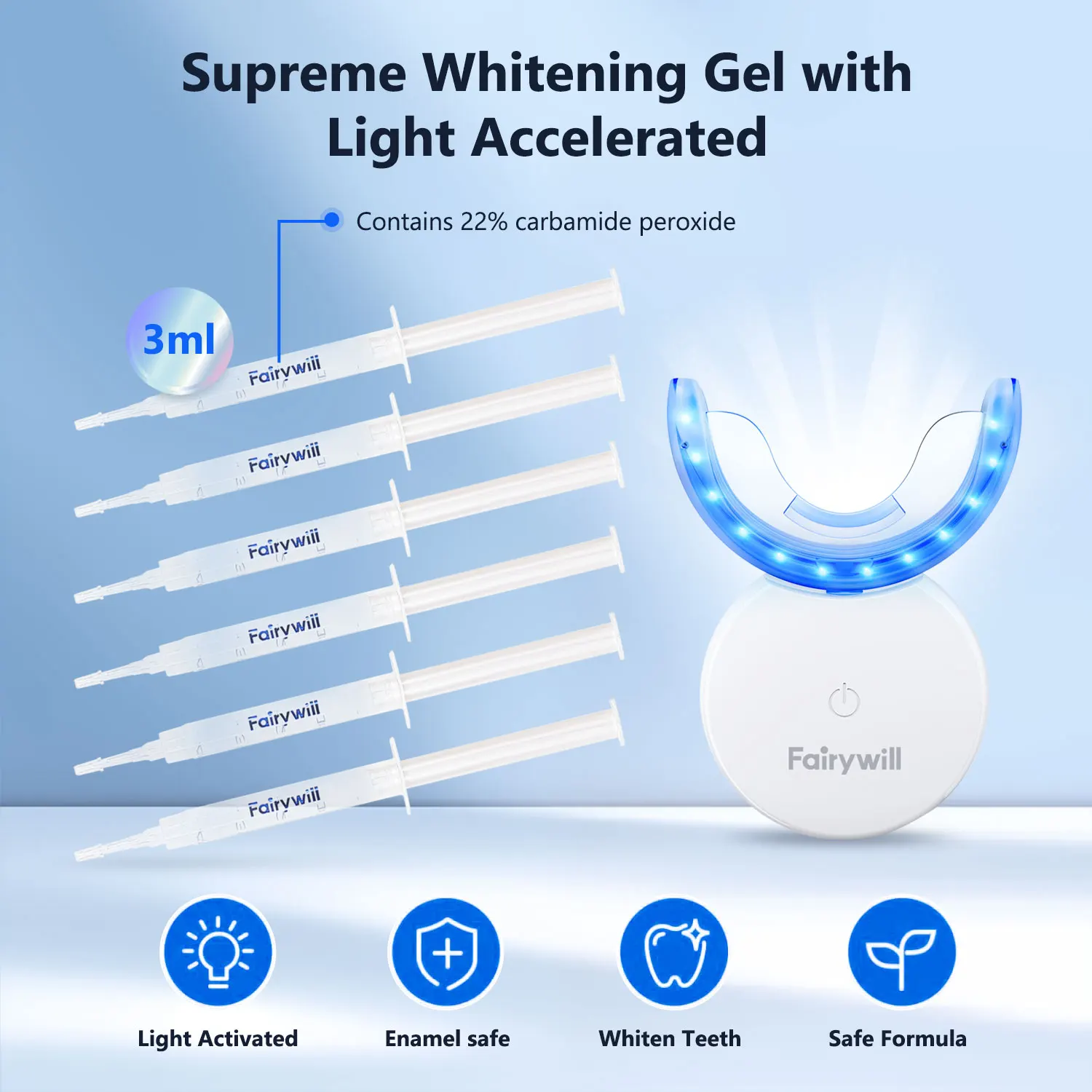 Fairywill Teeth Whitening Kit LED Light W/22% Teeth Whitening Light 6 Carbamide Peroxide Teeth Whitening Gel For Sensitive Teeth