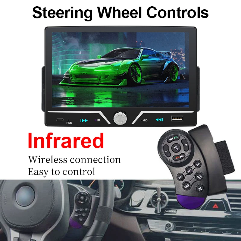 Hippcron Car Radio 1 Din Wireless Android Auto Carplay MP5 Stereo 7" IPS Screen Bluetooth Mirror Link Type-C Charging Universal