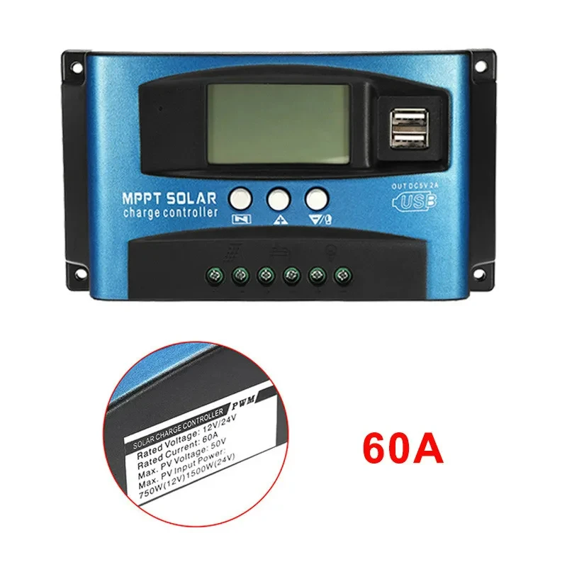 MPPT Solar Charge Controller 12V 24V Solar Panel Battery Charger 30A 40A 50A 60A 100A Dual USB LCD Display  Regulator with Load