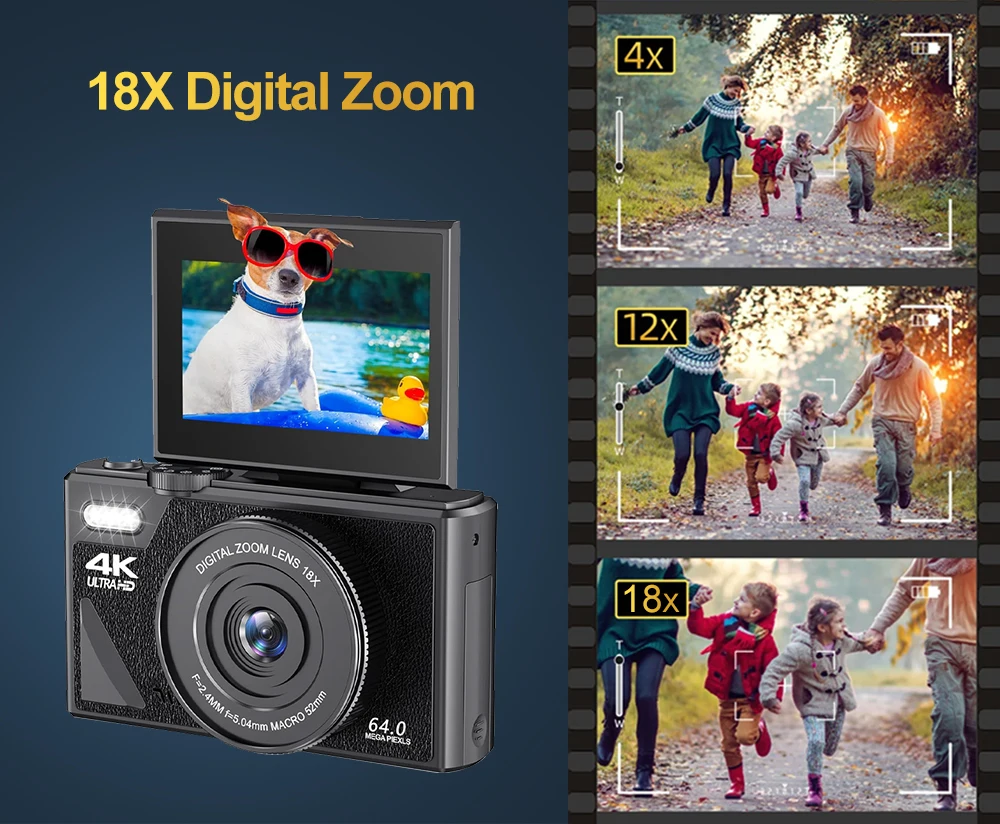 Compact Digital Photography Camera 4K 18X Digital Zoom Vintage Video Recorder YouTube WiFi Webcam 64MP 180° Flip Screen Cameras