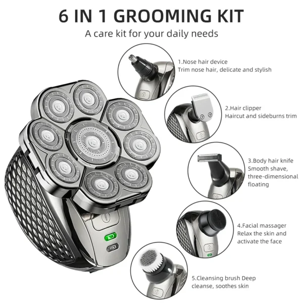 6 in 1 Professional men Waterproof electric shaver with 9 Cutter Floating Head, USB Rechargeable Multifunction Grooming Kit