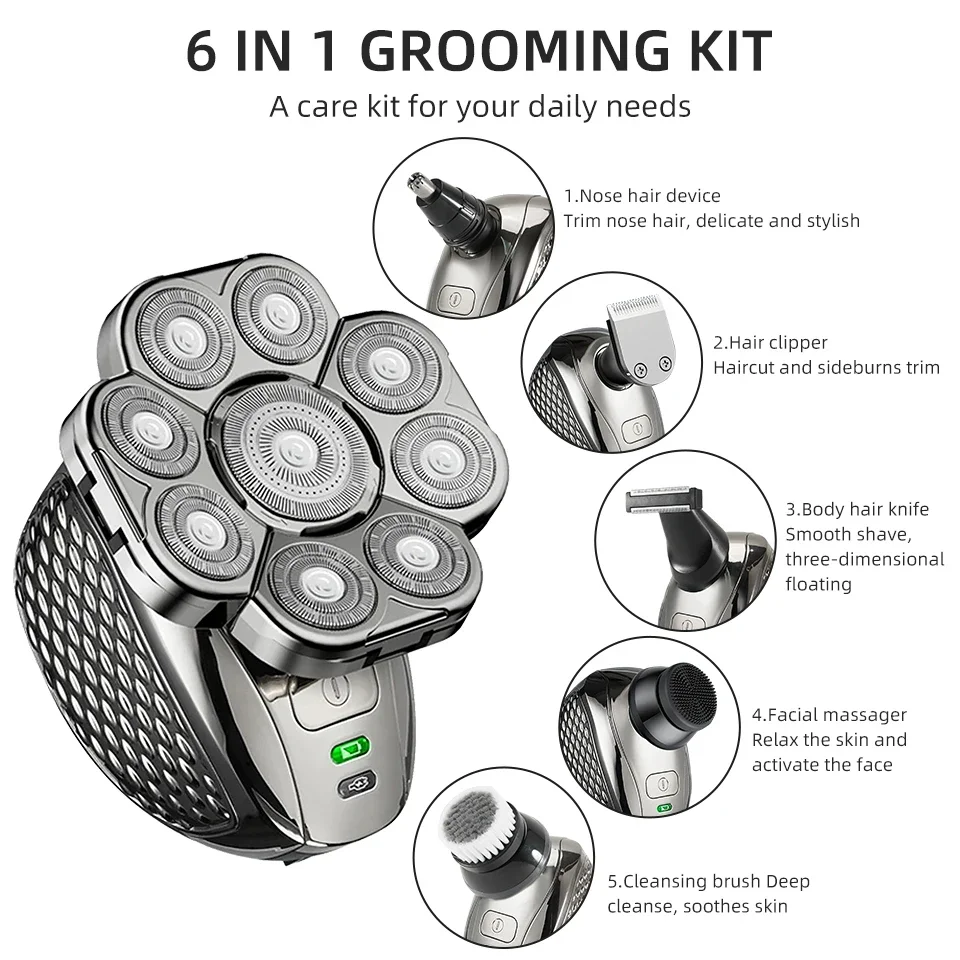 6 in 1 Professional men Waterproof electric shaver with 9 Cutter Floating Head, USB Rechargeable Multifunction Grooming Kit