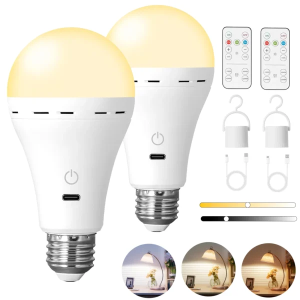 Rechargeable Light Bulbs with Remote Control, E27 Cordless Battery Operated Light Bulb for Lamps,2200mAh/Dimmable/Timer
