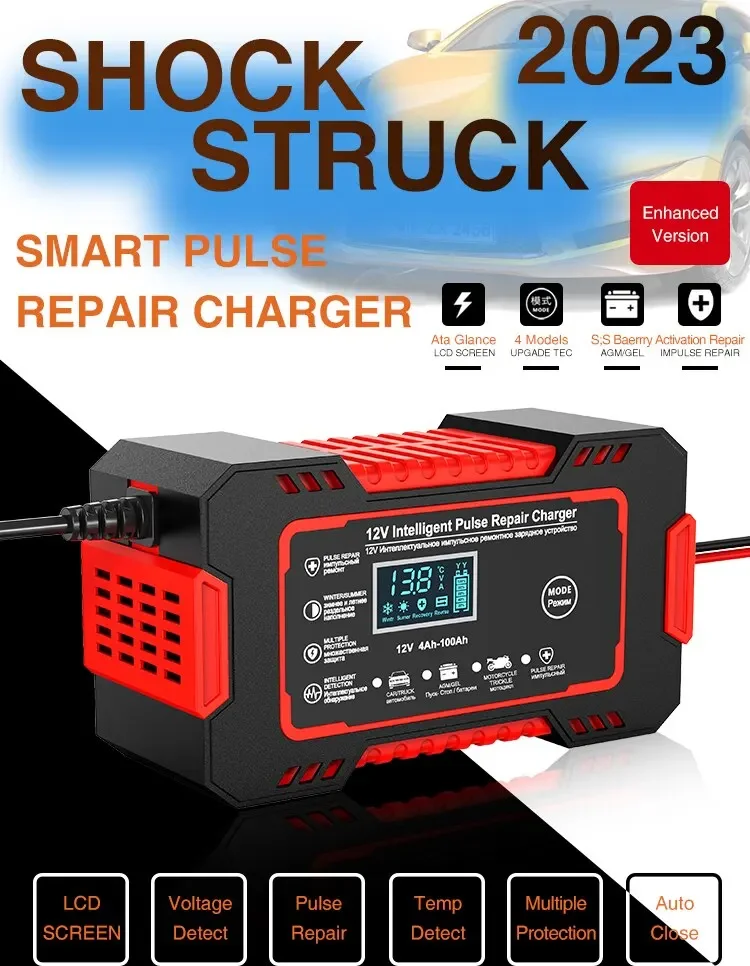 Car Battery Charger 12V Pulse Repair LCD Display Smart Fast Charge AGM Deep Cycle GEL Lead-Acid Charger For Auto Motorcycle