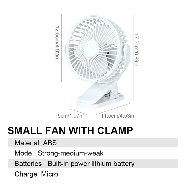 Mini clip electric fan, which can rotate 180 degrees. The stand supports USB charging, and multiple gears can be adjusted.