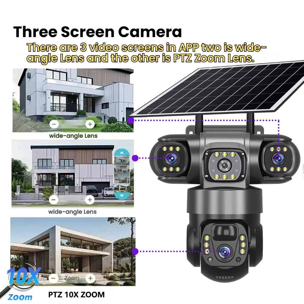 Solar Camera 4G Sim Outdoor 3 Lens 3 Screen 10X Zoom PIR Human Detect Cameras Waterproof Night Vision CCTV Security Protection