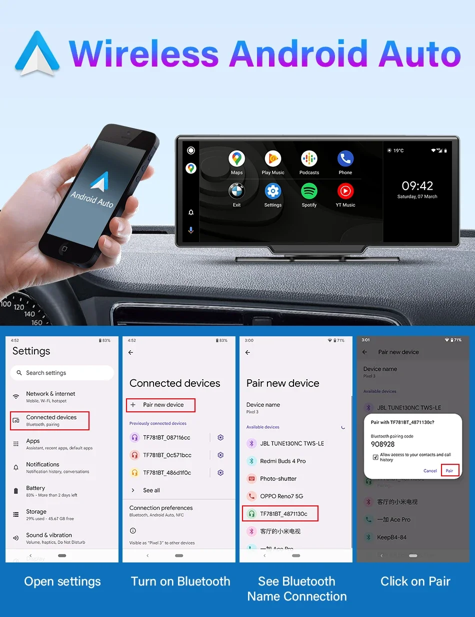 10.26'' Dash Cam 4K Car Mirror Video Player Wireless Carplay Android Auto GPS Car Monitor Multimedia Rearview Camera Dashboard