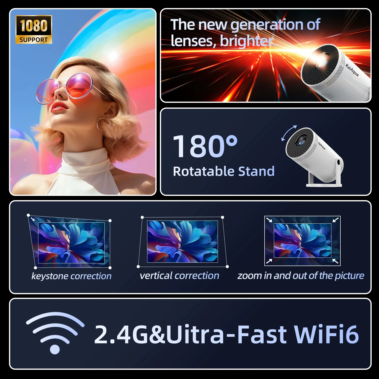 KaiAqua Portable Projector FY300 4K HDMI Dual Wifi6 Allwinner H713 BT5.4 1080P 1280*720P Home Cinema Outdoor Projetor NEW 2025
