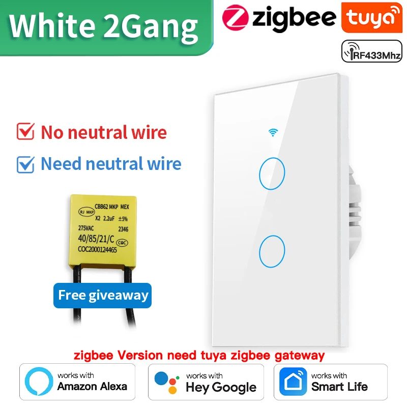 TNCE Tuya US Switch wifi zigbee,rf433 switches, No-Neutral/Wire LED light control Wall Button,smart voice with Alexa Google Home