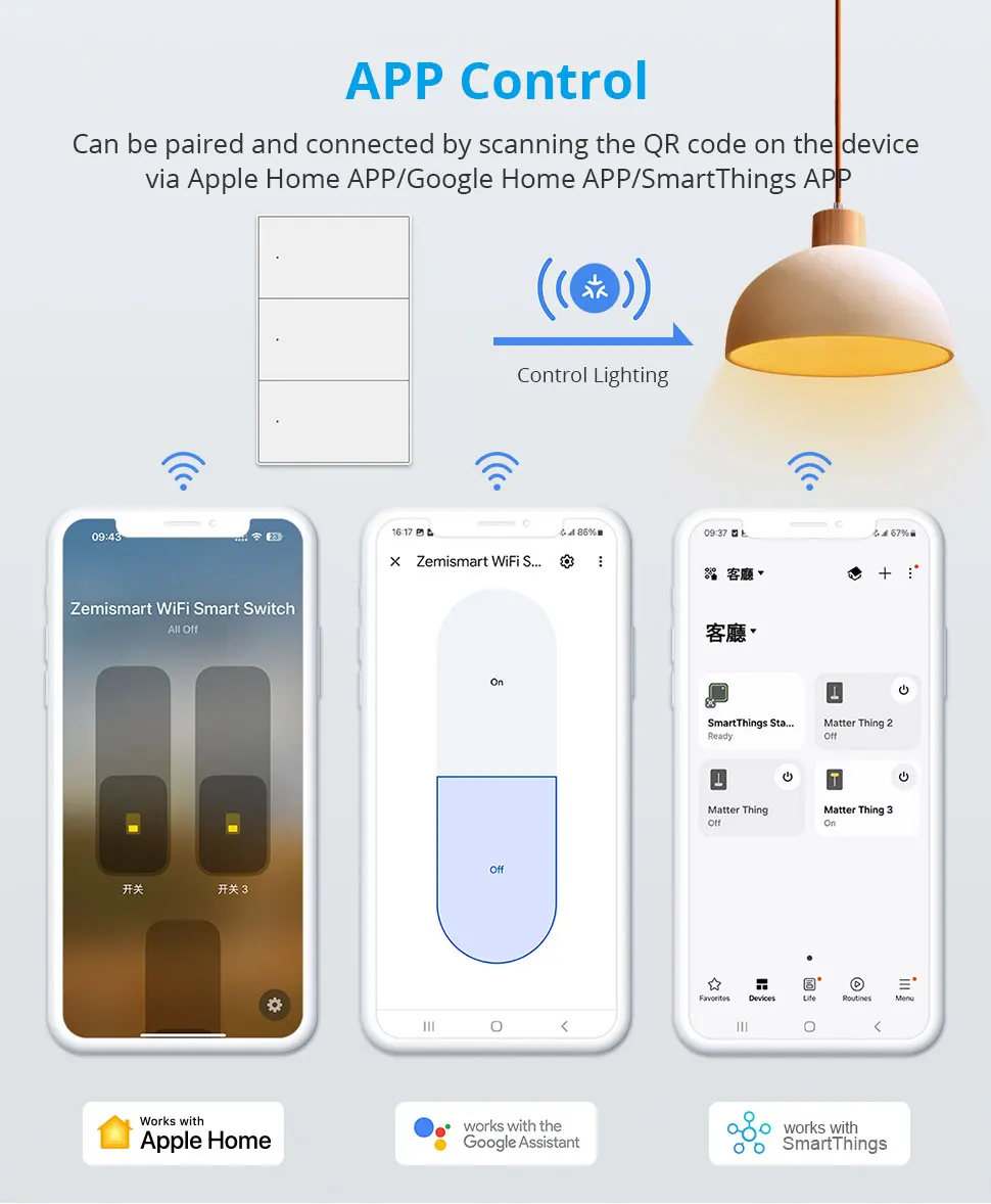 Zemismart Matter WiFi 1 2 3 4 6 Gangs Smart Wall Light Switch Neutral Required with Big Button SmartThings App Homekit Control