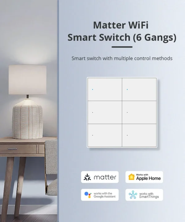 Zemismart Matter WiFi 1 2 3 4 6 Gangs Smart Wall Light Switch Neutral Required with Big Button SmartThings App Homekit Control