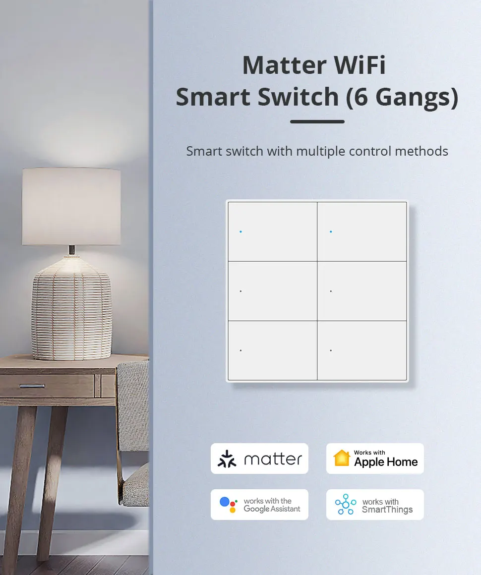 Zemismart Matter WiFi 1 2 3 4 6 Gangs Smart Wall Light Switch Neutral Required with Big Button SmartThings App Homekit Control
