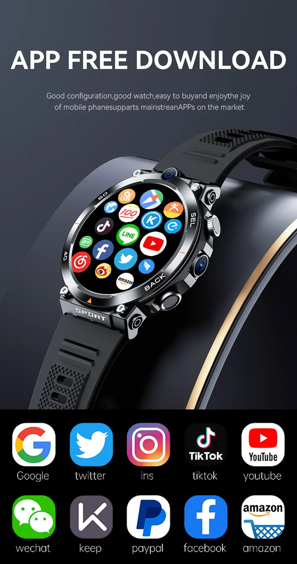 1.39-inch 4G Network SIM Card Smart Watch Dual Camera GPS Wifi NFC Rugged 64G-ROM Google Play IP67 Android Men Women Smartwatch