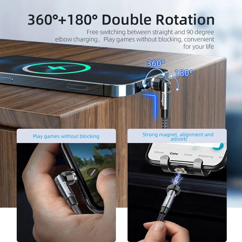 Essager 540 Rotate 3A Fast Charging Magnetic Cable Micro USB Type C Cable For iPhone Xiaomi Magnet Charger Phone Data Wire Cord