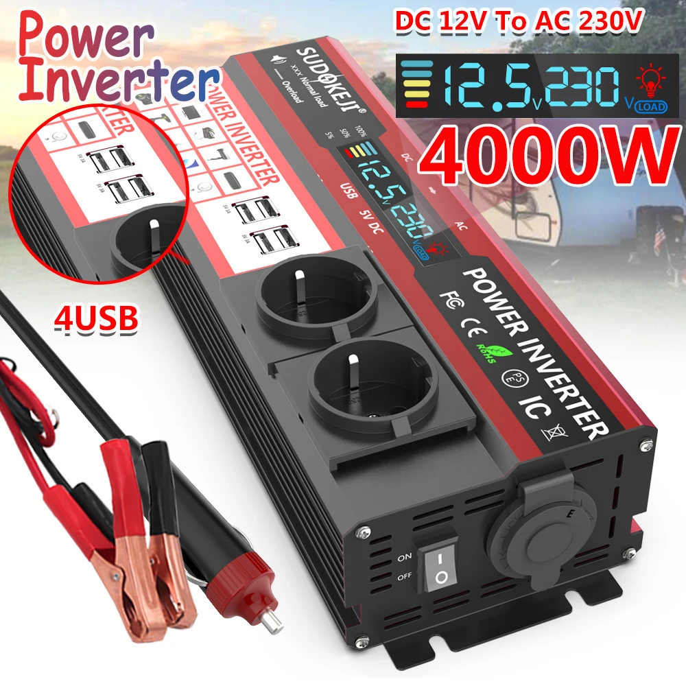 SUDOKEJI 3000W 4000W (MAX POWER)Power Inverter for Car Inverter RV Boat 500W 800W DC 12V 24V To 120V 220V EU US UK Global Socket