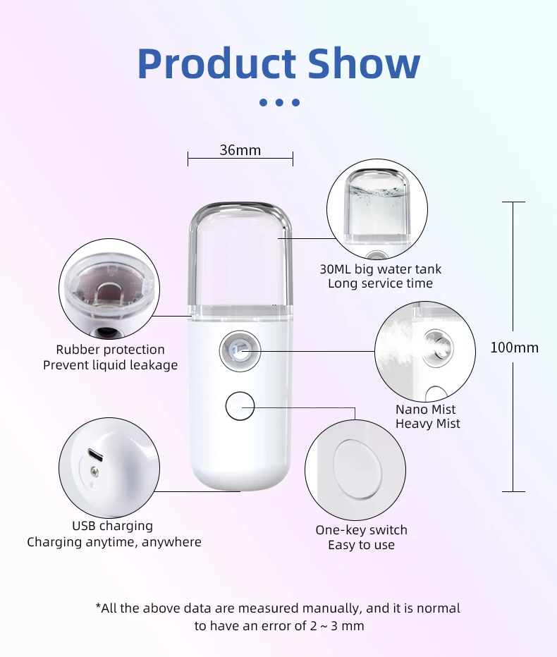 Portable Rechargeable Small Facial Steamer 30ml Mini Humidifier Home Wireless Nano Personal Face Hydrat Sprayer Cool Mist Maker