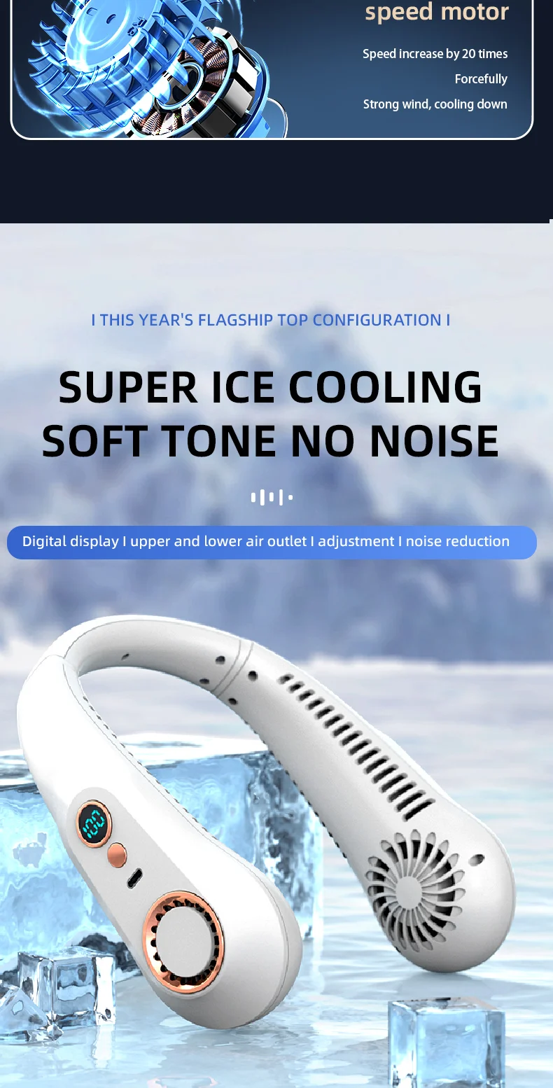 New 3000mA Portable Mini Hanging Neck Fan Bladeless Neckband Fan Digital Display Power Air Cooler USB Rechargeable Electric Fans