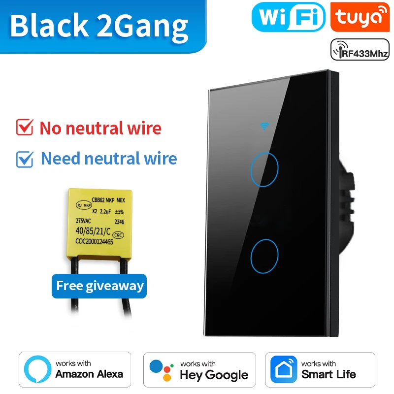TNCE Tuya US Switch wifi zigbee,rf433 switches, No-Neutral/Wire LED light control Wall Button,smart voice with Alexa Google Home