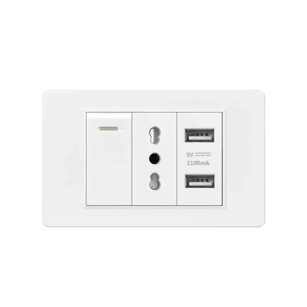 Italy Chile  Standard Outlet with USB Smart Type-c 20W Fast Charging, Dual USB Wall Socket Chile Plug Plastic Panel Light Switch