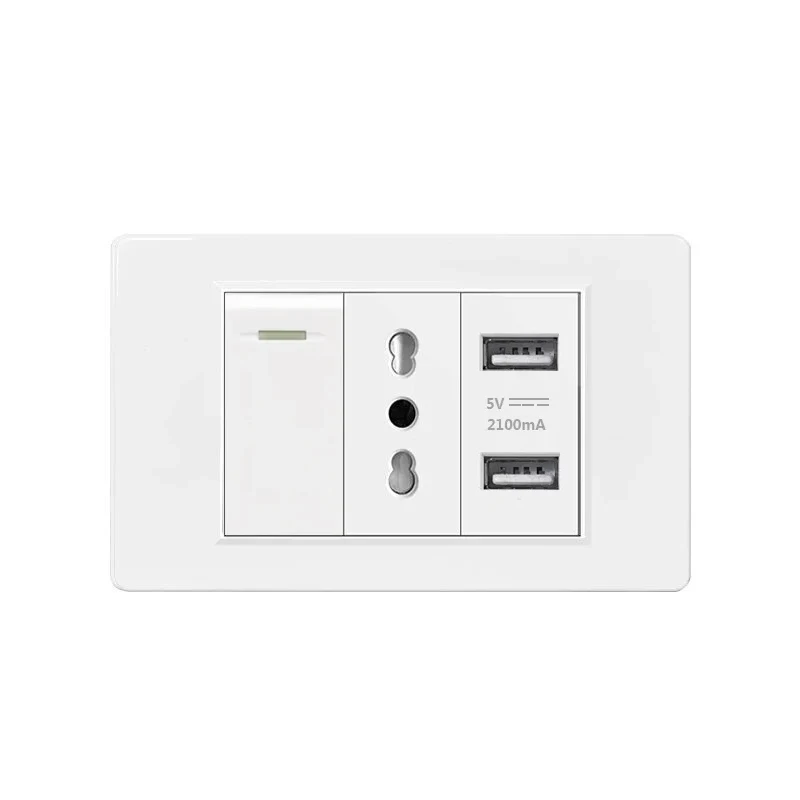 Italy Chile  Standard Outlet with USB Smart Type-c 20W Fast Charging, Dual USB Wall Socket Chile Plug Plastic Panel Light Switch