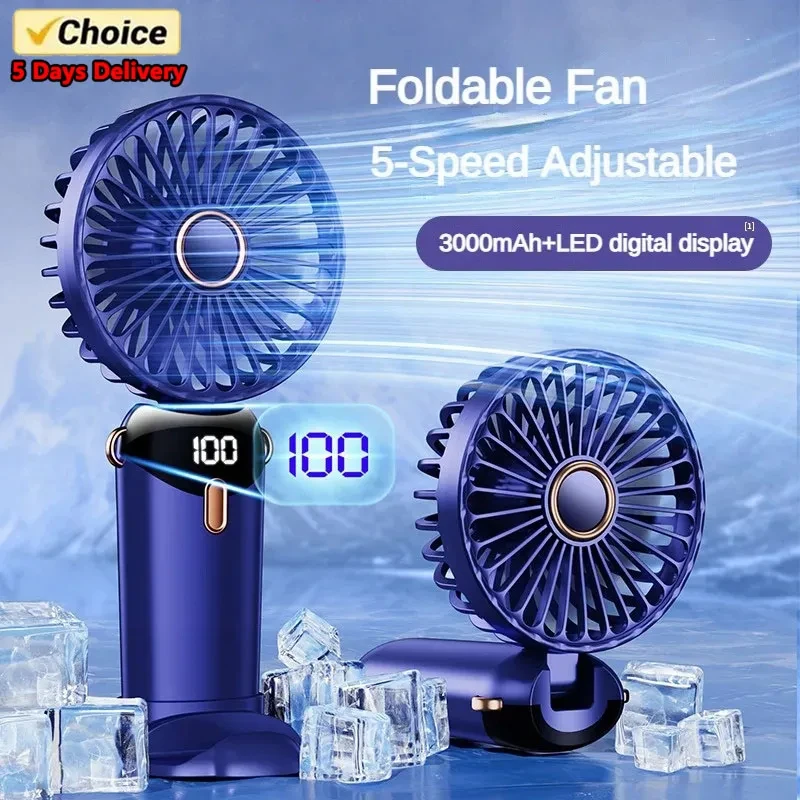 S67daf3e5bfbf42e4b1ee5fb4472bbd77J-1.webp 3000mAh Handheld Mini Fan Foldable Portable Neck Hanging Fans 5 Speed USB Rechargeable Fan with Phone Stand and Display Screen