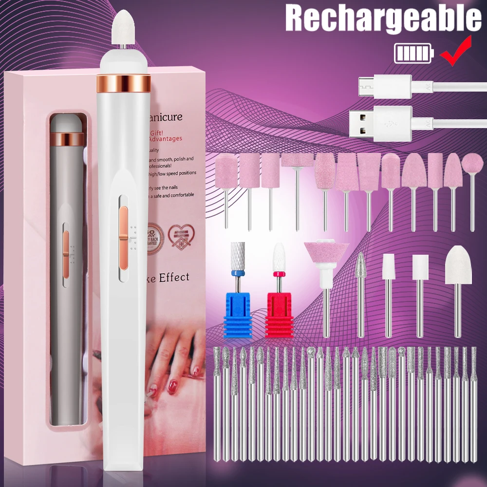 Electric Nail Polish Drill Set Machine With Light Multiple Gears Portable With Battery Electric Manicure Art Tools
