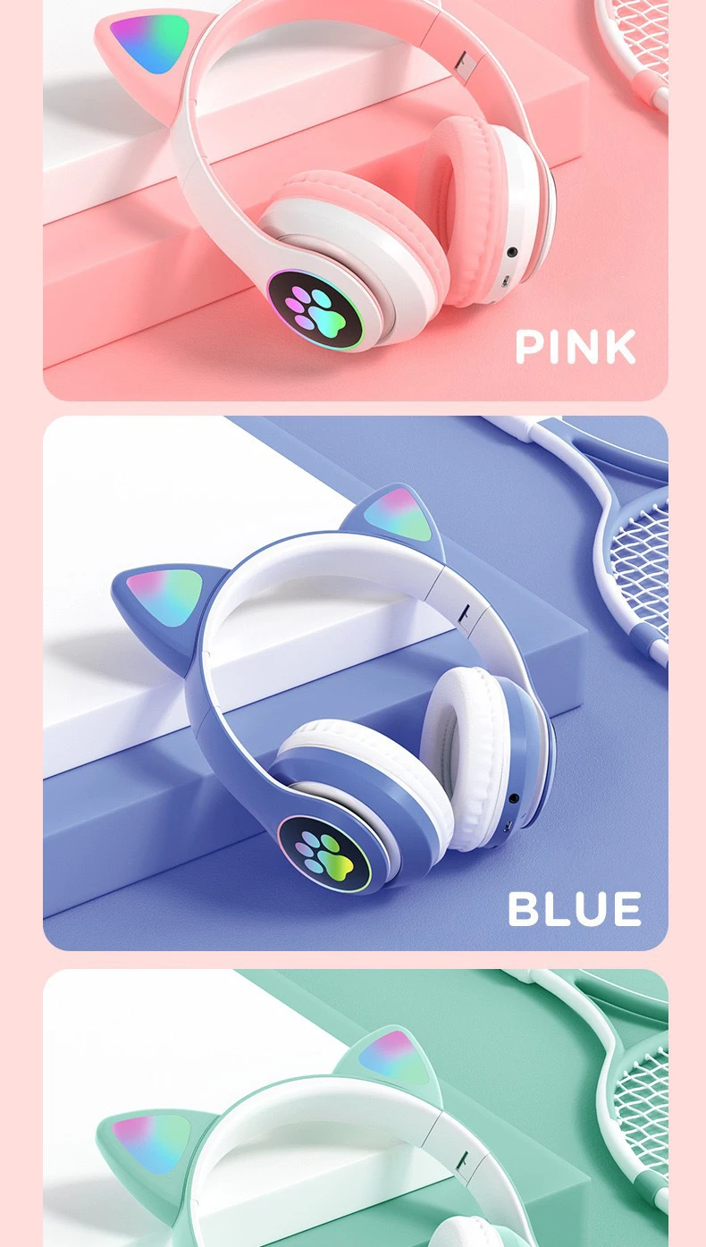 Cat Ears Headphones Flash Light Wireless With MIC Control LED Kid Girl Stereo Cute Music Helmet Bluetooth Phone Headset Earphone