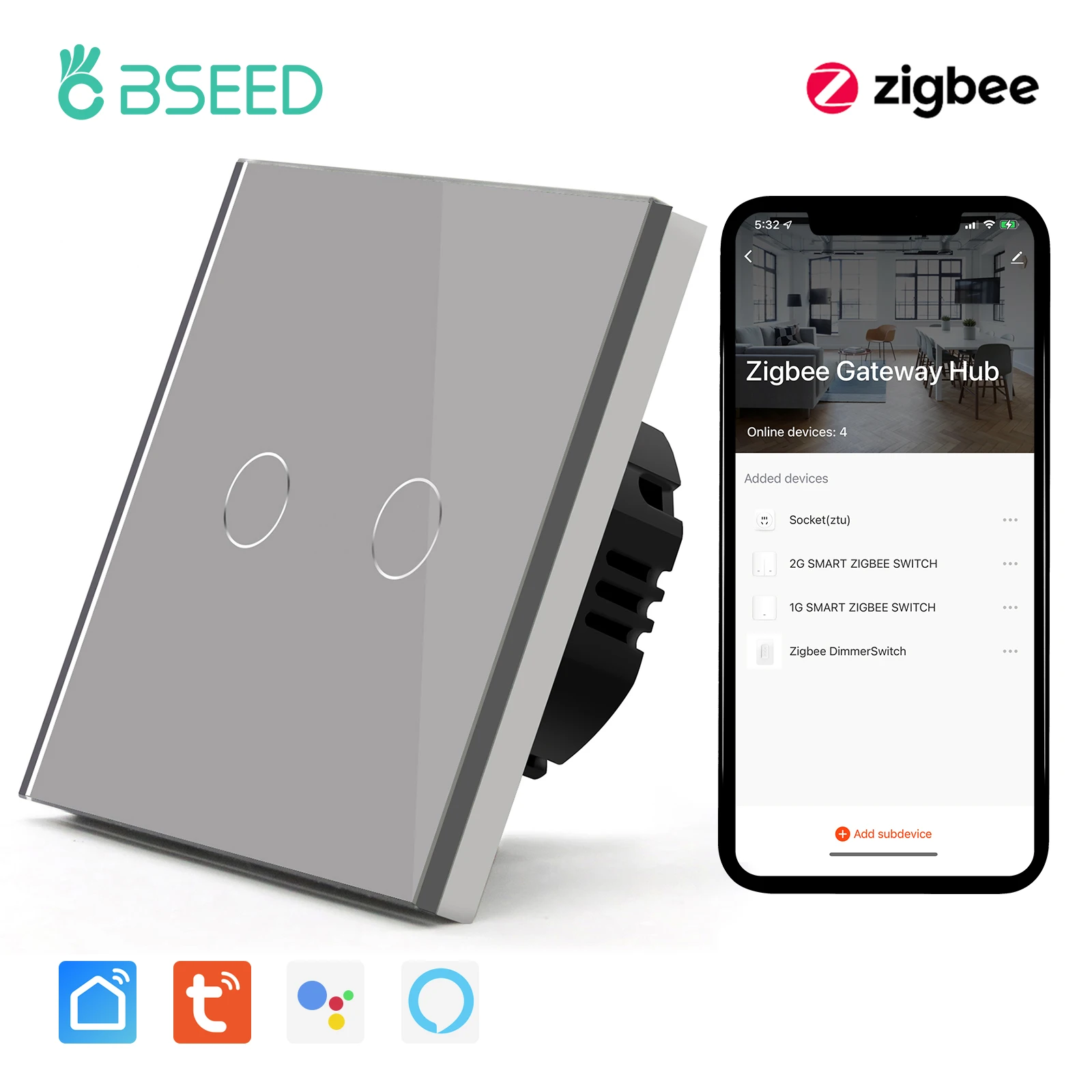 BSEED Zigbee Touch Switch Glass 1/2/3Gang Smart Light Switch Tuya Wireless Controller via Google Smart Life Alexa App No Neutral