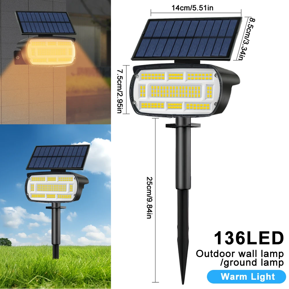 72 LED Solar Spotlights Outdoor Landscape Waterproof 108/136 LEDS Solar Powered Wall Light Auto On/Off for Yard Garden Pathway