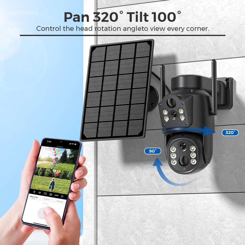 4K HD Solar WiFi Camera Outdoor Built-in Battery Dual Lens 2K Security Camera Solar Panel Wireless Video Surveillance CCTV iCSee