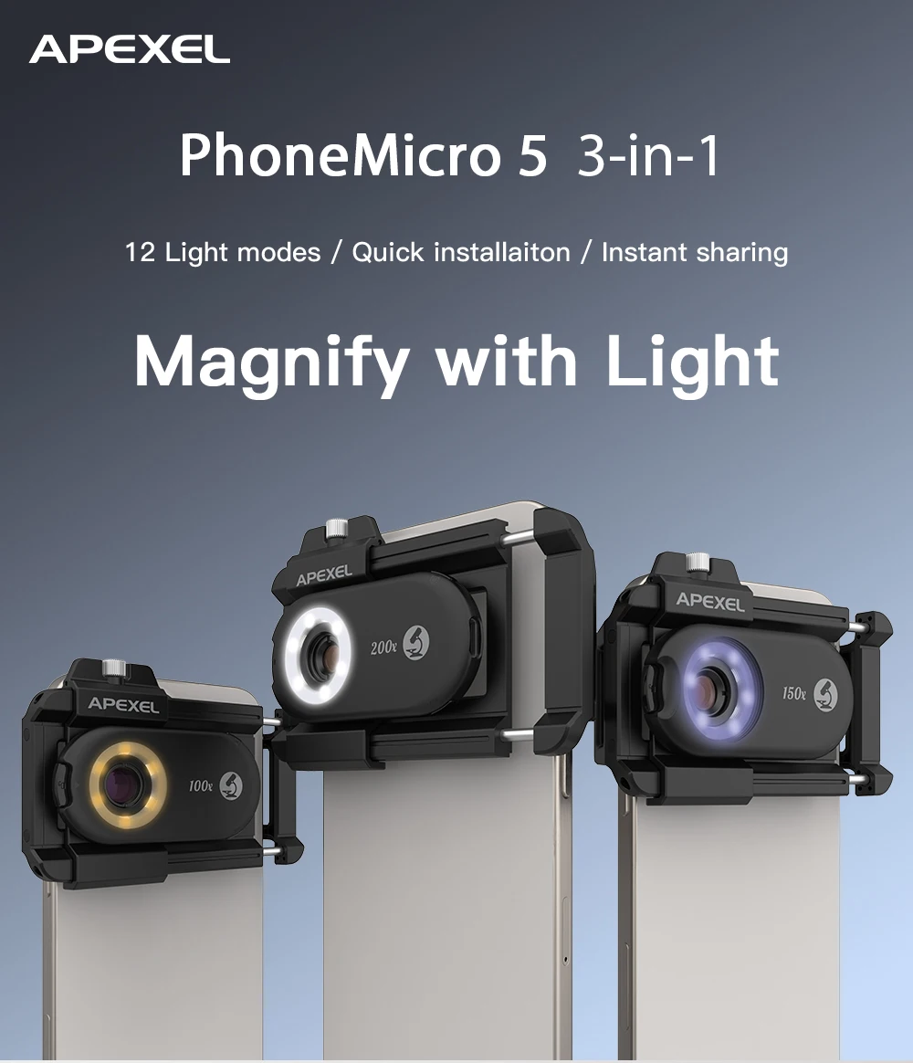 APEXEL New Upgrated 100X-200X Microscope Lens  3in 1Phone Camera Lens Kit Macro Lenses with LED Light for almost All Smartphone