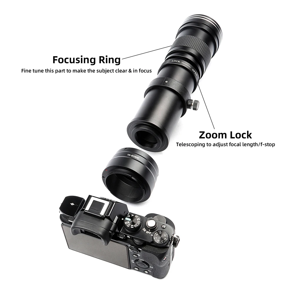 Lightdow Super Telephoto Manual Zoom Lens 420-800mm F8.3-16 With T2 Ring Adapter for Sony Canon Nikon Pentax Olympus Cameras