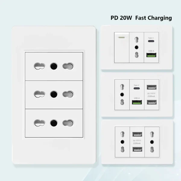 Italy Chile  Standard Outlet with USB Smart Type-c 20W Fast Charging, Dual USB Wall Socket Chile Plug Plastic Panel Light Switch