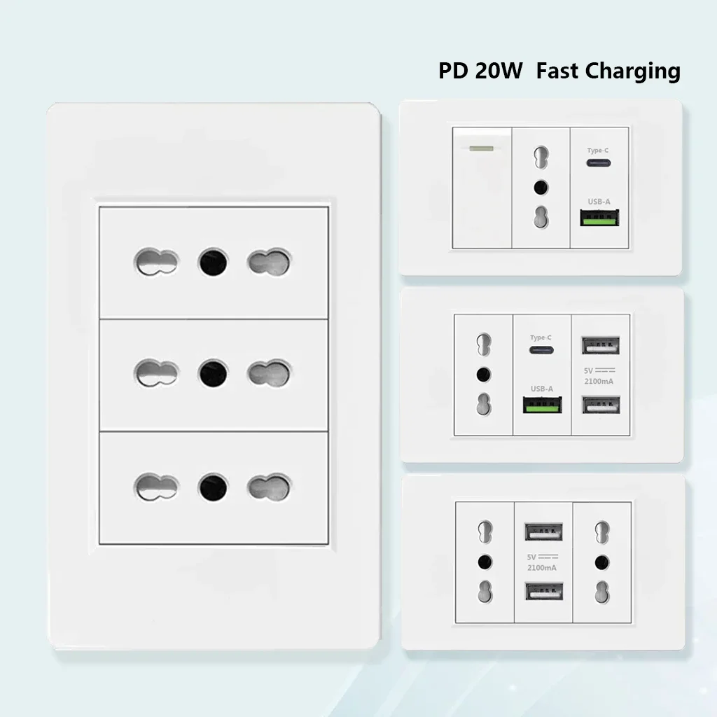 Italy Chile  Standard Outlet with USB Smart Type-c 20W Fast Charging, Dual USB Wall Socket Chile Plug Plastic Panel Light Switch