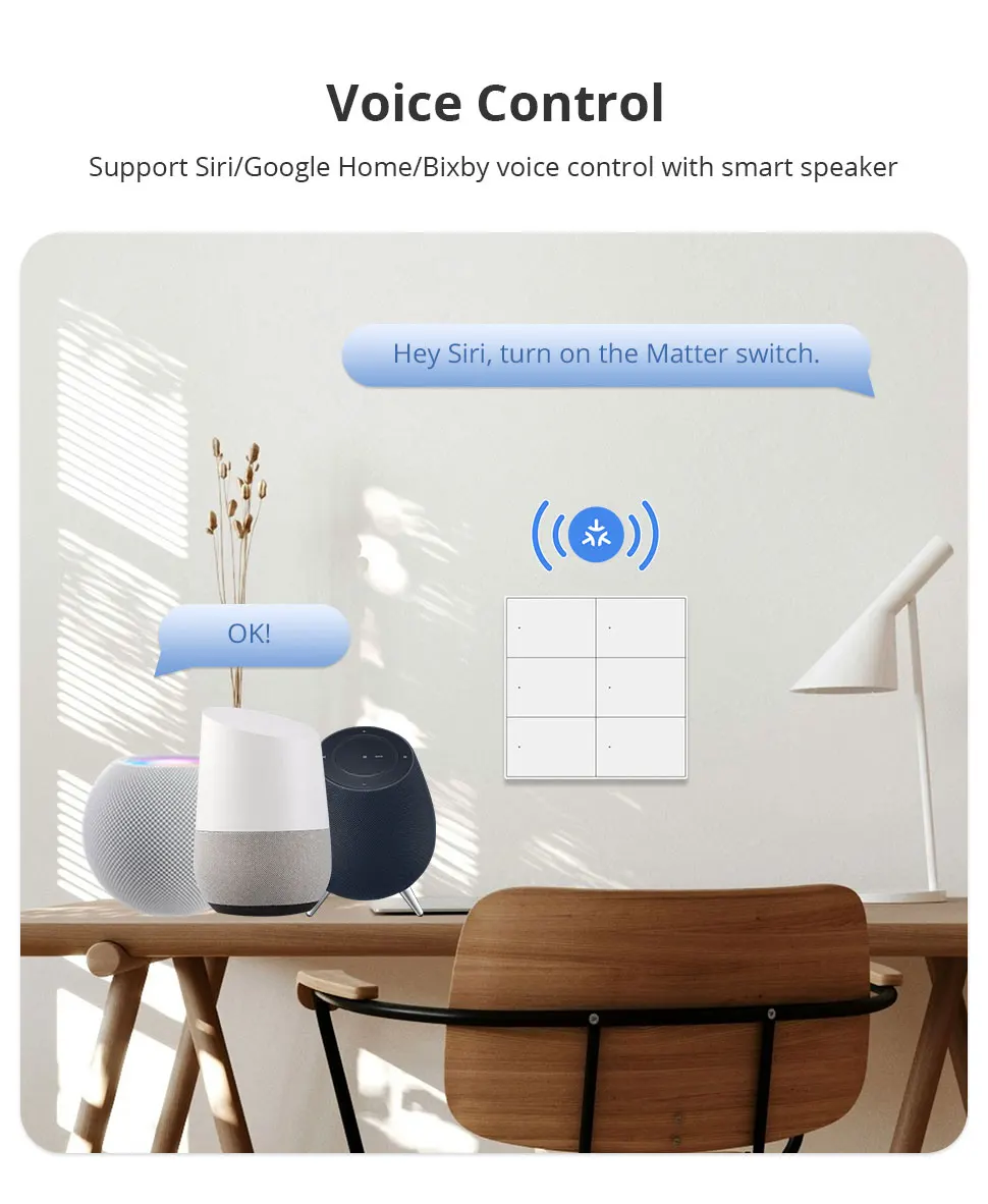 Zemismart Matter WiFi 1 2 3 4 6 Gangs Smart Wall Light Switch Neutral Required with Big Button SmartThings App Homekit Control