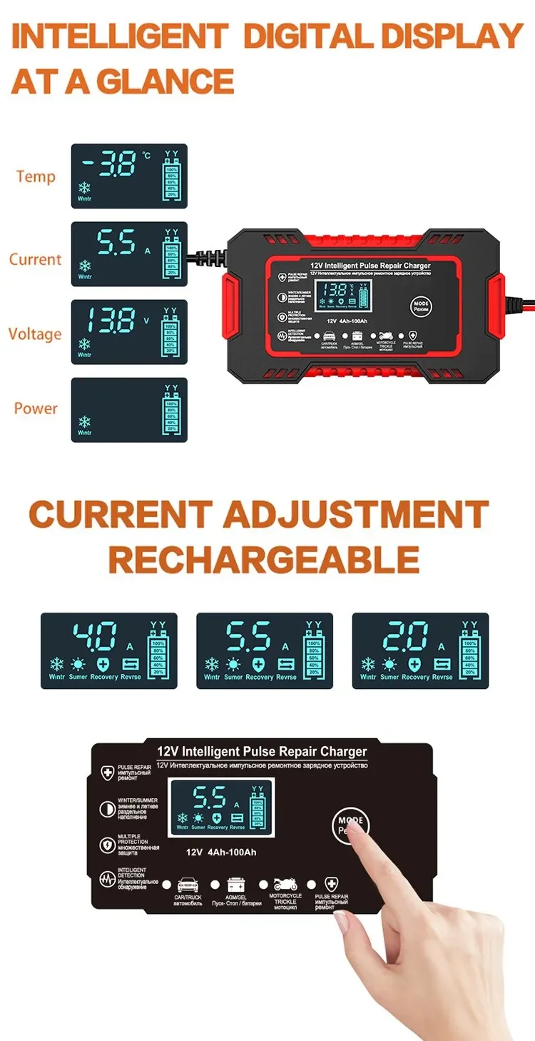 Car Battery Charger 12V Pulse Repair LCD Display Smart Fast Charge AGM Deep Cycle GEL Lead-Acid Charger For Auto Motorcycle