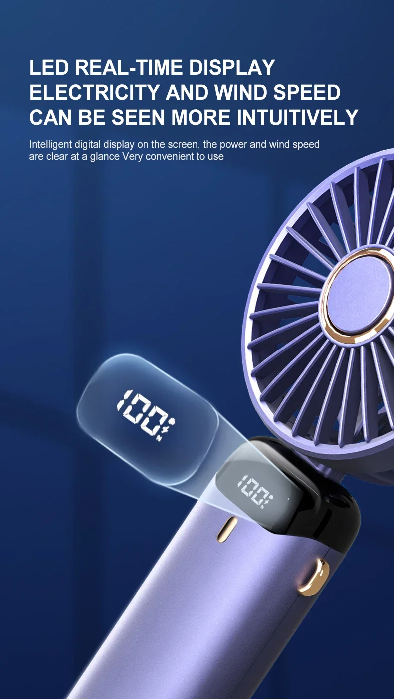 3000mAh Handheld Mini Fan Foldable Portable Neck Hanging Fans 5 Speed USB Rechargeable Fan with Phone Stand and Display Screen