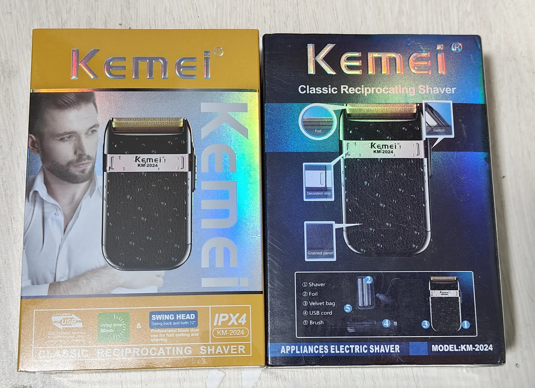Kemei KM-2024 Electric Shaver Professional USB Rechargeable Men's Electric Shaver Leather Shell Waterproof Beard Trimmer Shaver