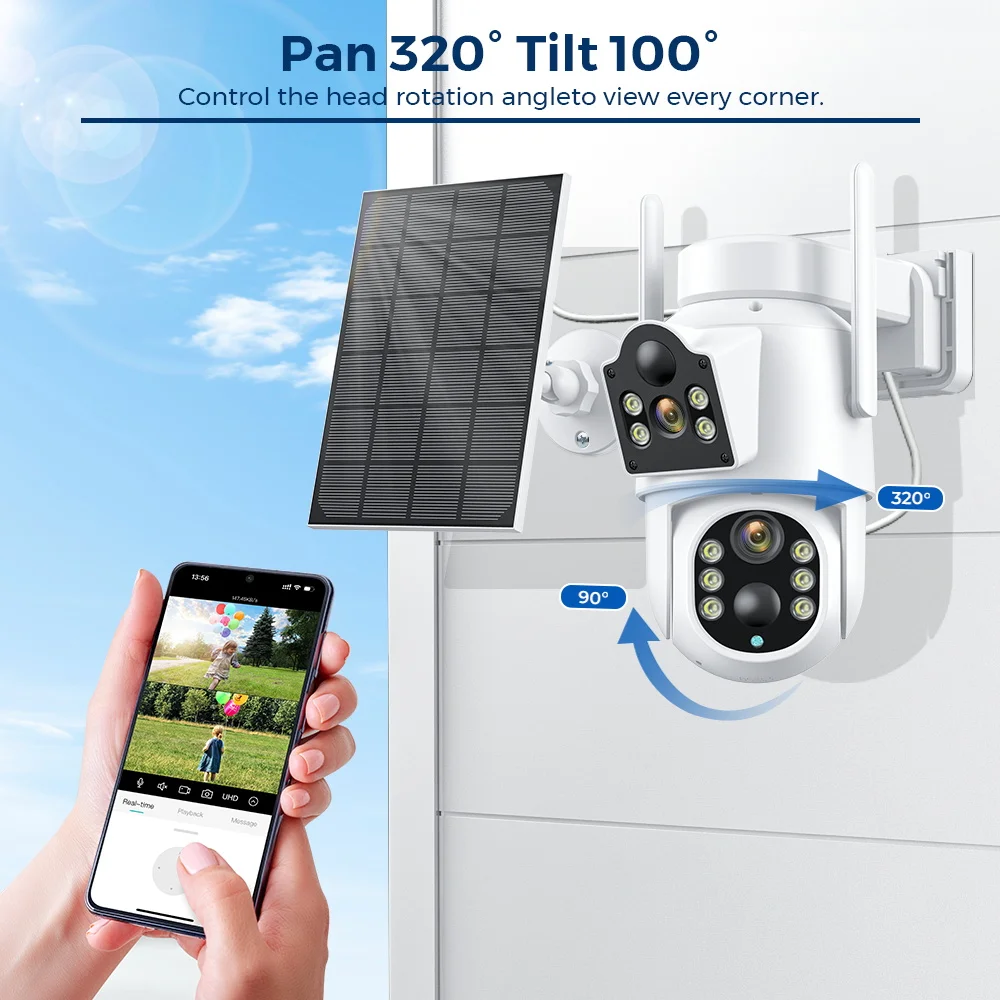 4K HD Solar WiFi Camera Outdoor Built-in Battery Dual Lens 2K Security Camera Solar Panel Wireless Video Surveillance CCTV iCSee