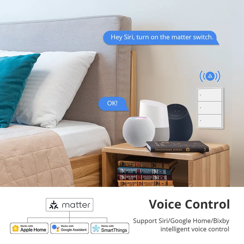 Zemismart Matter WiFi 1 2 3 4 6 Gangs Smart Wall Light Switch Neutral Required with Big Button SmartThings App Homekit Control