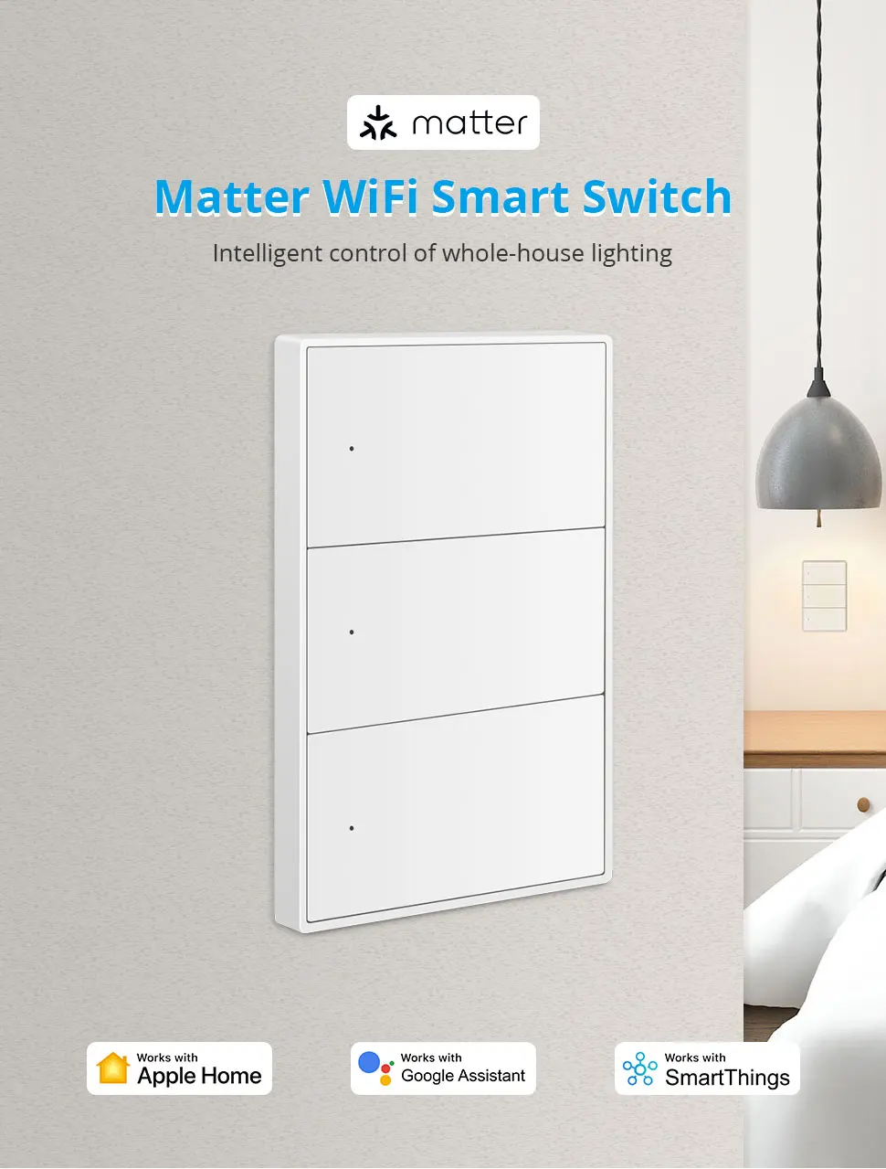 Zemismart Matter WiFi 1 2 3 4 6 Gangs Smart Wall Light Switch Neutral Required with Big Button SmartThings App Homekit Control