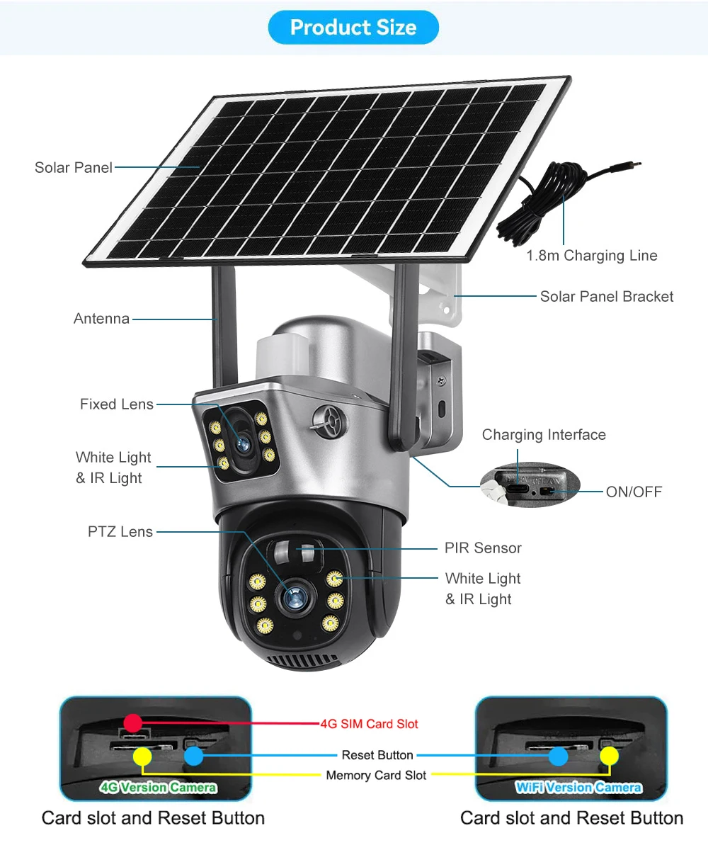 4G / WiFi Solar Camera Dual Lenses Outdoor 8MP 4K Low Power Battery IP Camera PIR Night Vision V380 Pro CCTV Security Protection