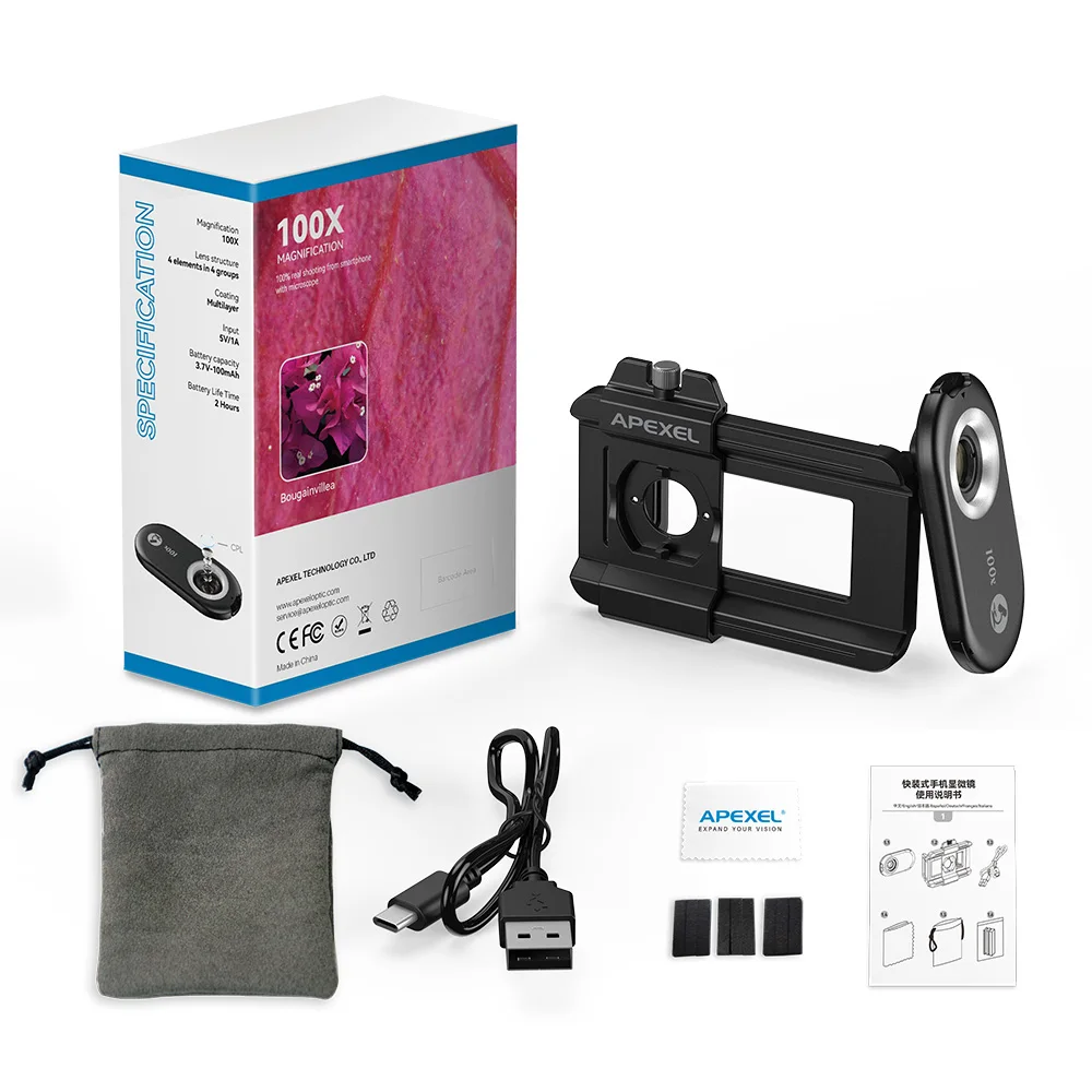 APEXEL New Upgrated 100X-200X Microscope Lens  3in 1Phone Camera Lens Kit Macro Lenses with LED Light for almost All Smartphone
