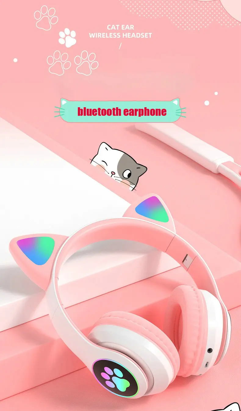 Cat Ears Headphones Flash Light Wireless With MIC Control LED Kid Girl Stereo Cute Music Helmet Bluetooth Phone Headset Earphone
